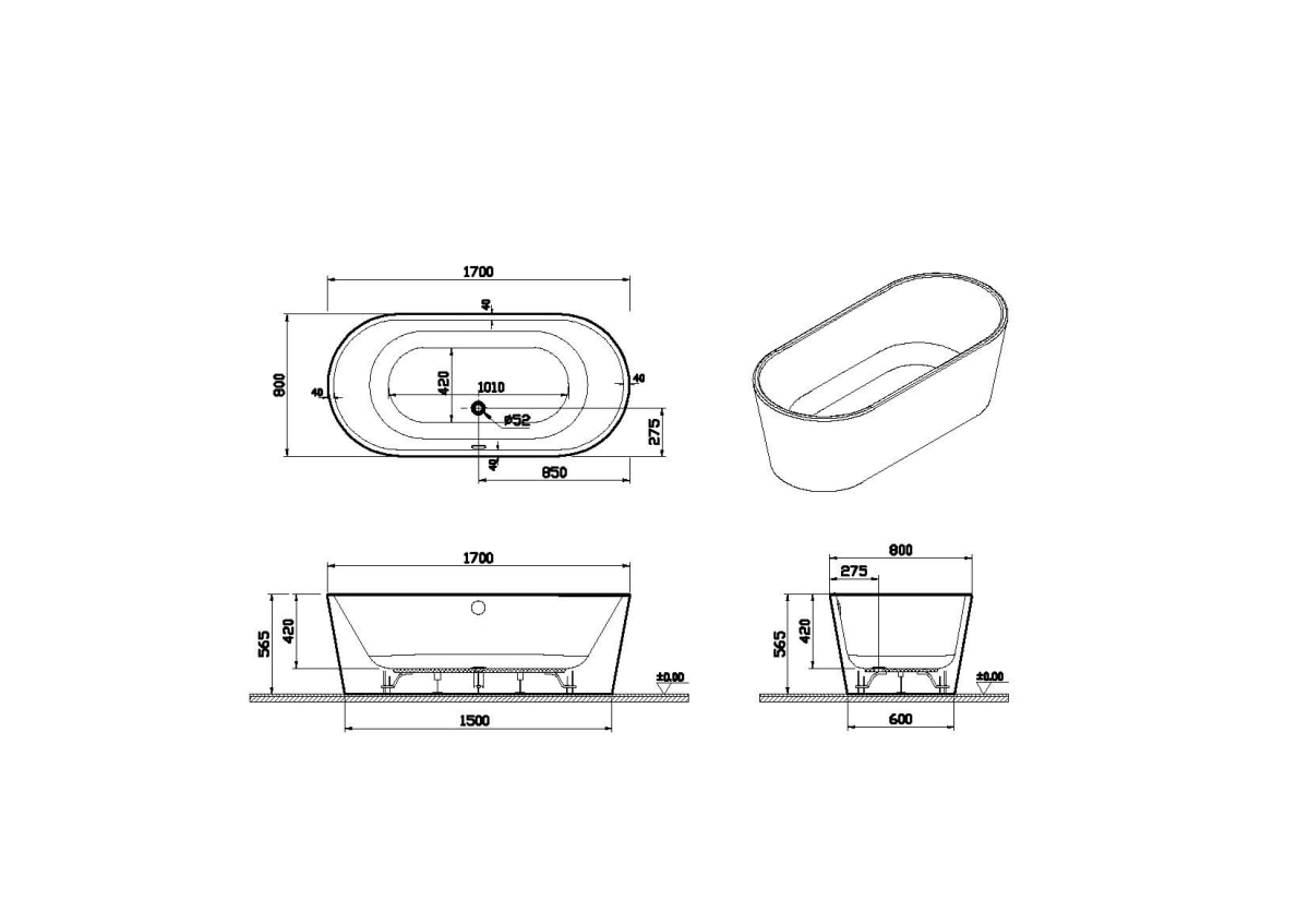 Ванна VitrA Geo (Гео) 65370006000 170 x 80,5 см отдельностоящая акриловая прямоугольная белая