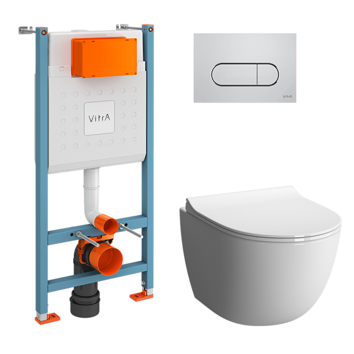 Инсталляция с унитазом VitrA Sento (Сенто) 9830B003-7212 комплект 4 в 1 с сиденьем микролифт безободковый цвет клавиши глянцевый хром