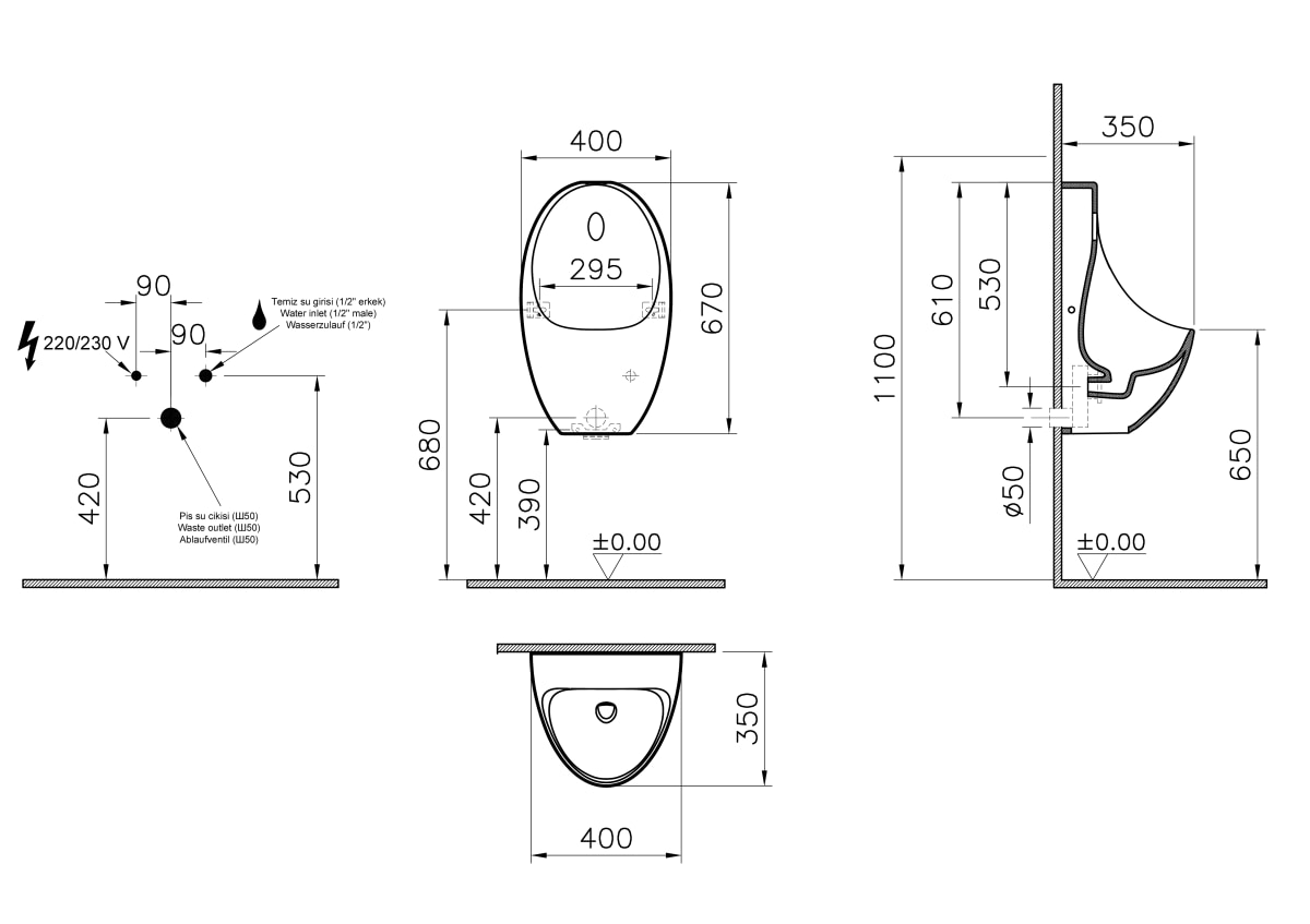 Писсуар VitrA Arkitekt Urinal (Аркитект Уринал) 5999B003-5556 настенный белый с сенсором антибактериальное покрытие Hygiene (Хайджн)