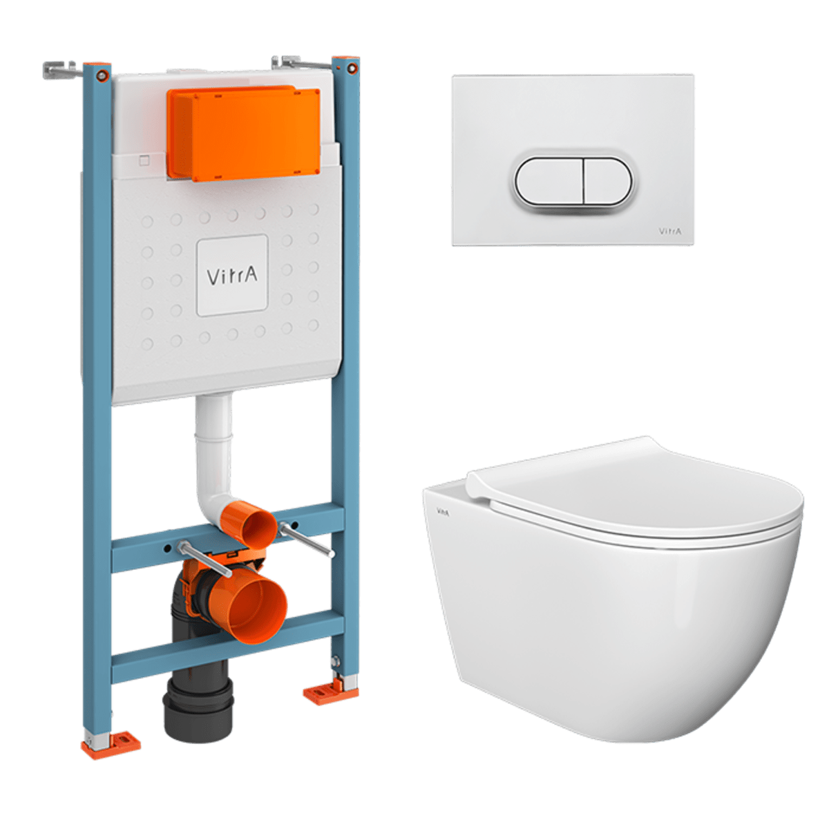 Инсталляция с унитазом VitrA Mia Round (Мия Раунд) 9856B003-7200 комплект 4 в 1 с сиденьем микролифт безободковый цвет клавиши матовый хром