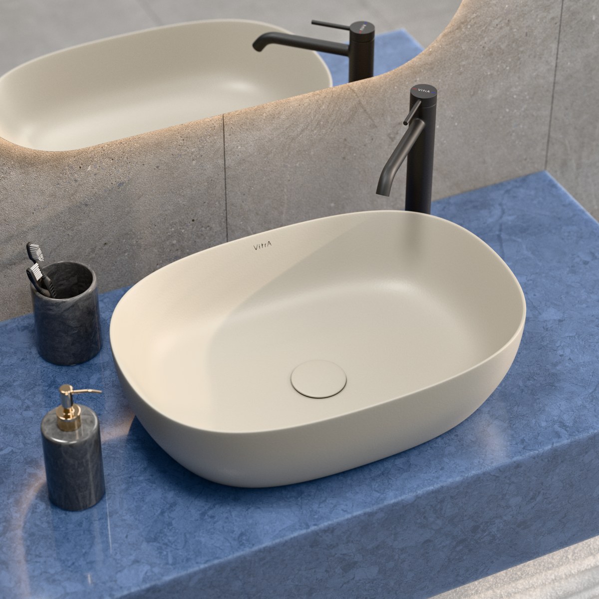 Раковина чаша VitrA Outline Recycled (Аутлайн Ресайклд) 7995B066-0016 60 x 41 см накладная матовая бежевая антибактериальное покрытие Hygiene (Хайджн)