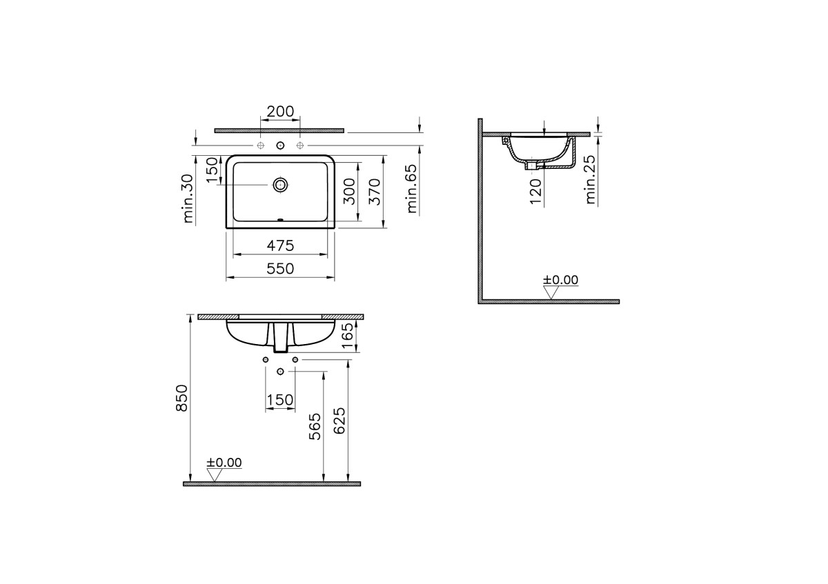 Встраиваемая снизу раковина VitrA S20 7475B003-0618 55 x 37 см прямоугольная белая антибактериальное покрытие Hygiene (Хайджн)
