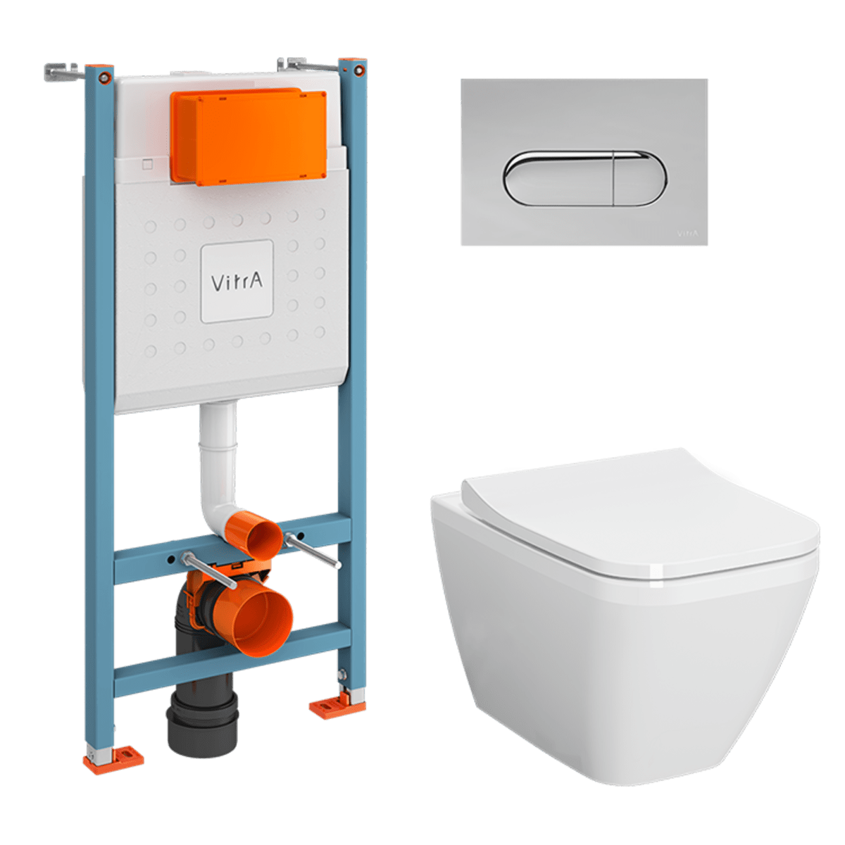 Инсталляция с унитазом VitrA Integra Square (Интегра Скуэр) 9856B003-7207 комплект 4 в 1 с сиденьем микролифт безободковый цвет клавиши глянцевый хром