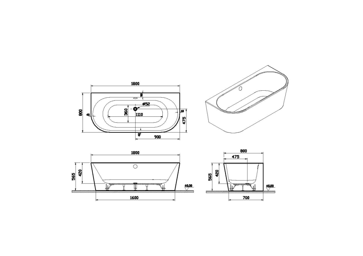Ванна VitrA Geo (Гео) 65420006000 180 x 80,5 см отдельностоящая акриловая прямоугольная белая