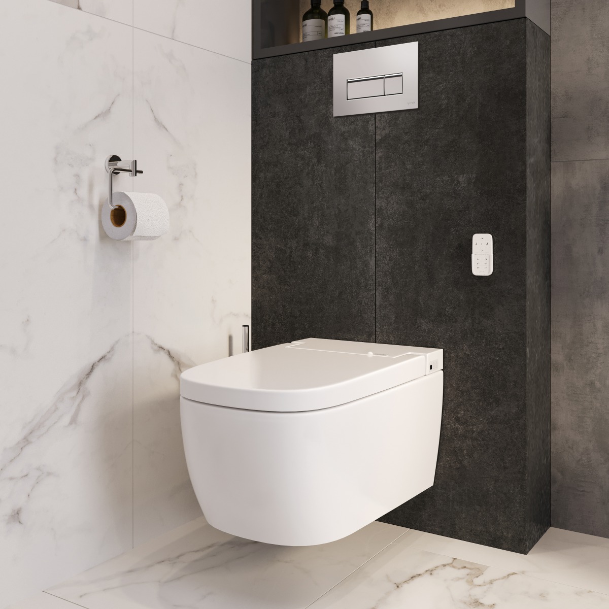 Умный унитаз VitrA V-Care (Ви-Кеар) 5674B003-6194 Comfort подвесной безободковый Rim-ex (Рим-экс) с автоматическим сиденьем и бидеткой белый санитарный фарфор антибактериальное покрытие Hygiene (Хайджн)