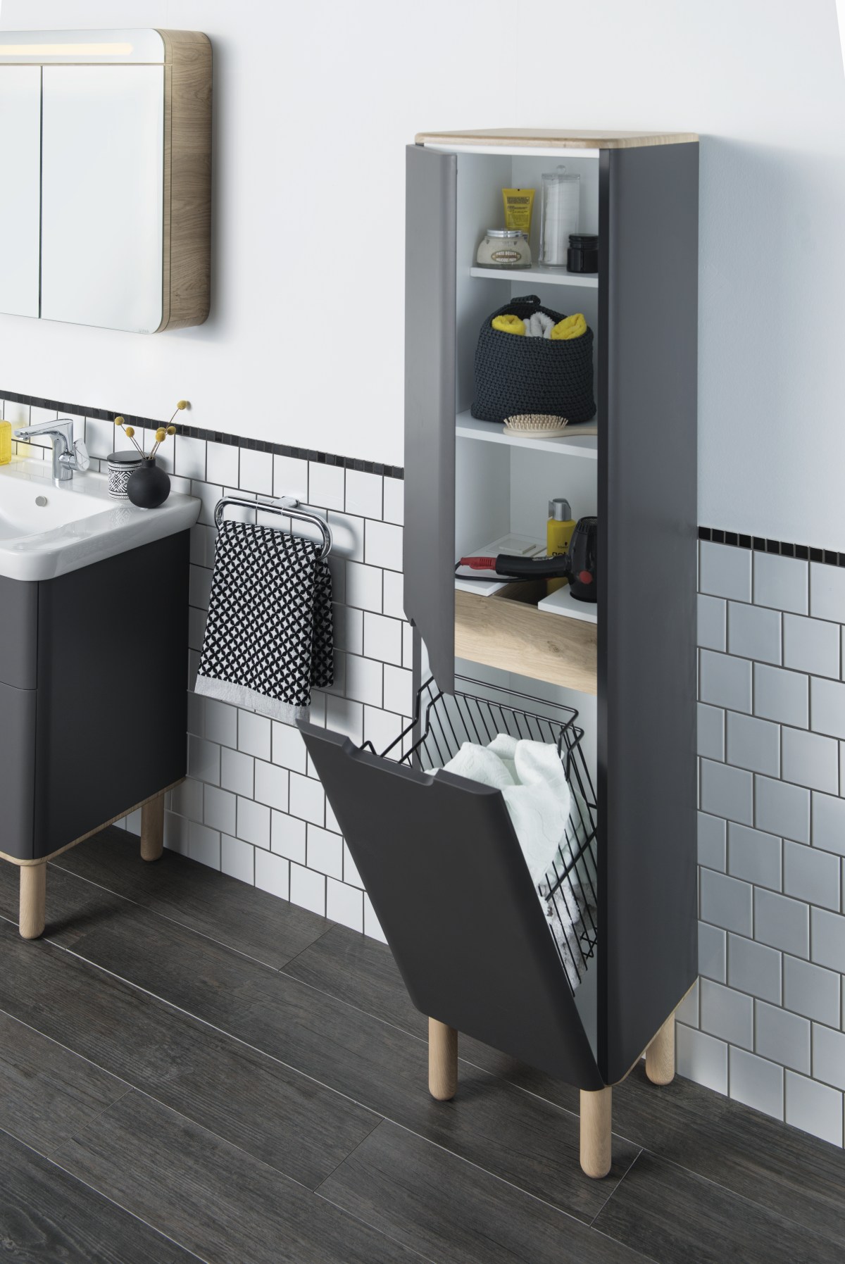 Шкаф пенал в ванную VitrA Sento (Сенто) 60856 40 см с корзиной для белья матовый антрацит МДФ