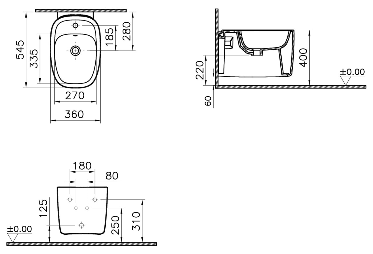 Биде VitrA Plural (Плюрал) 7831B483-0288 подвесное матовое черное с отверстием под смеситель покрытие Hygiene + Clean (Хайджн + Клин)