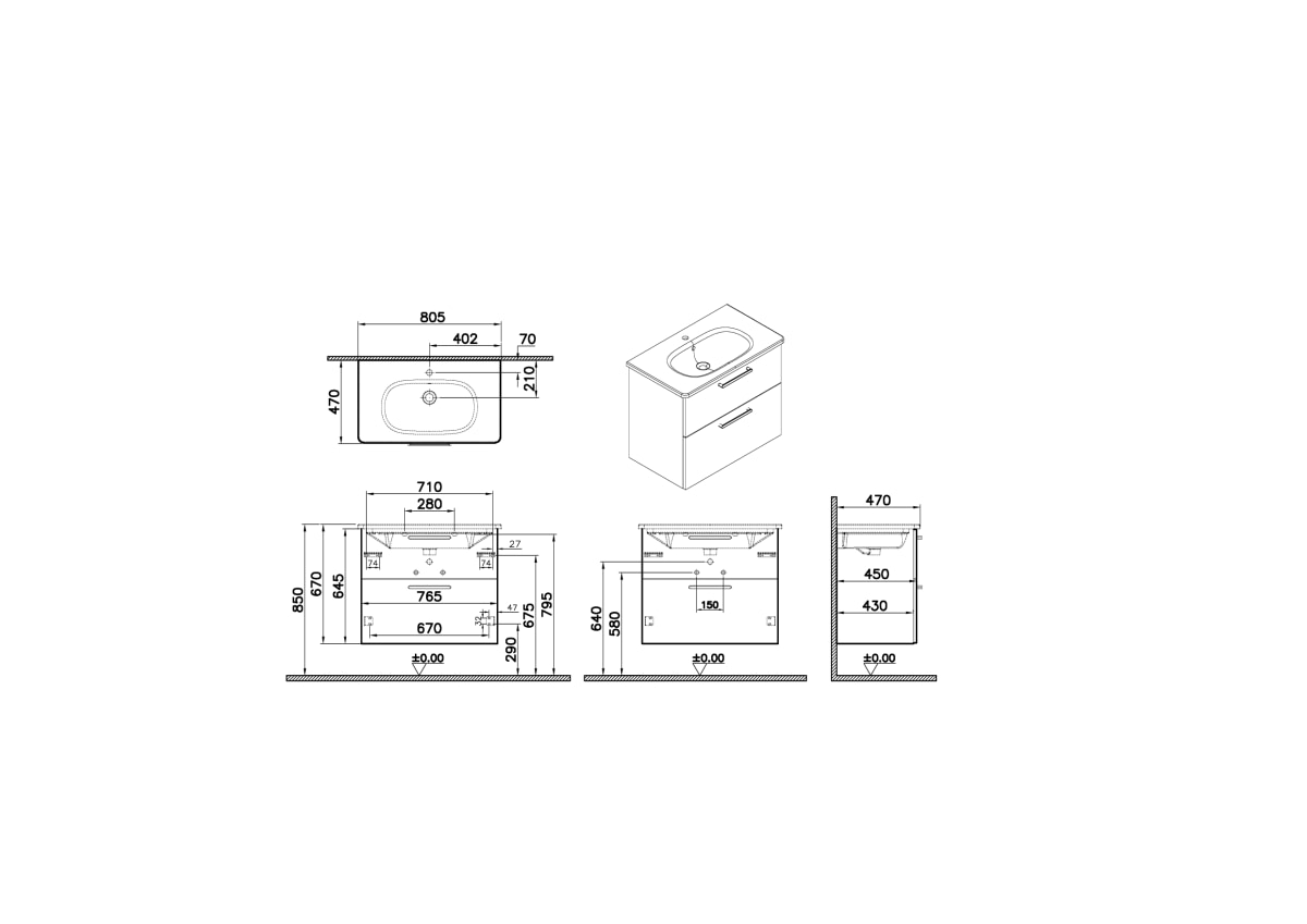 Тумба с раковиной для ванной VitrA Root Flat (Рут Флэт) 68289 80 см матовая серый камень МДФ