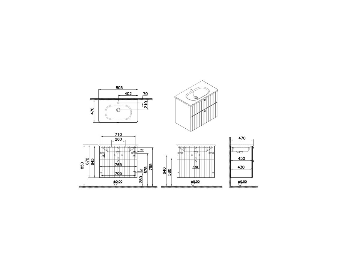 Тумба с раковиной для ванной VitrA Root Groove (Рут Грув) 69438 80 см матовая серая МДФ
