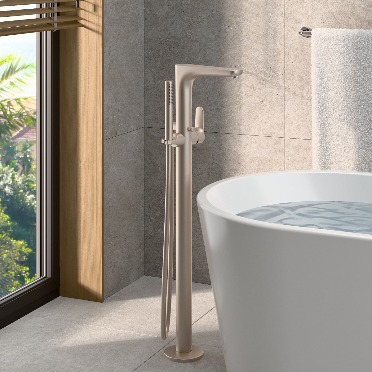 Смеситель для ванны VitrA Root Round (Рут Раунд) A4274134EXP напольный с ручным душем брашированный никель латунь