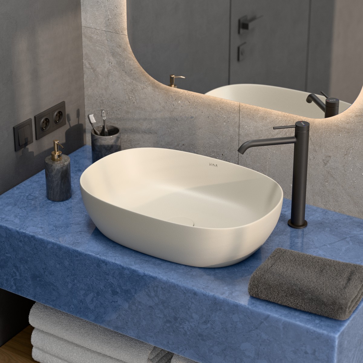 Раковина чаша VitrA Outline Recycled (Аутлайн Ресайклд) 7995B066-0016 60 x 41 см накладная матовая бежевая антибактериальное покрытие Hygiene (Хайджн)