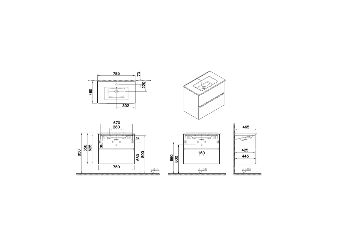 Тумба с раковиной для ванной VitrA Mia Plus Square (Мия Плюс Скуэр) 69741 80 см антрацит глянец МДФ