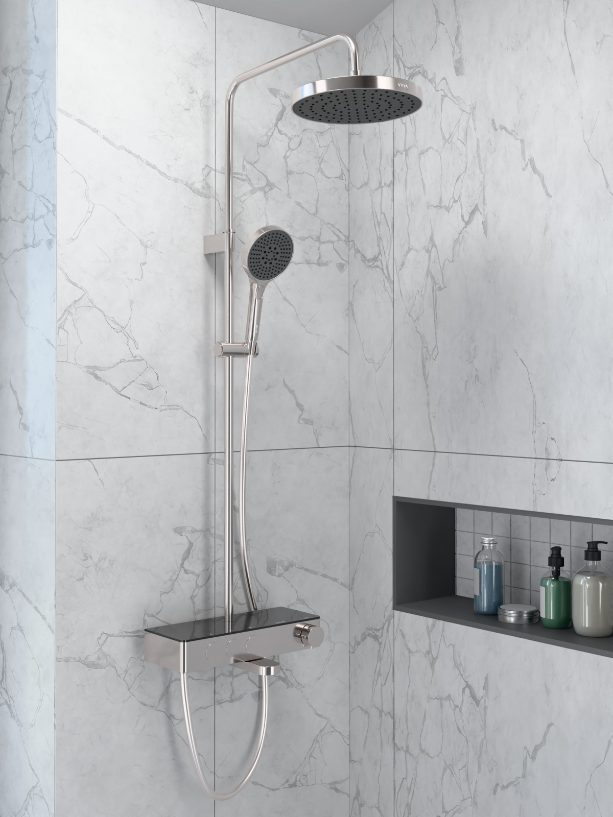 Душевая система VitrA Core Round (Кор Раунд) A4730934EXP с термостатическим смесителем и ручным душем брашированная никель