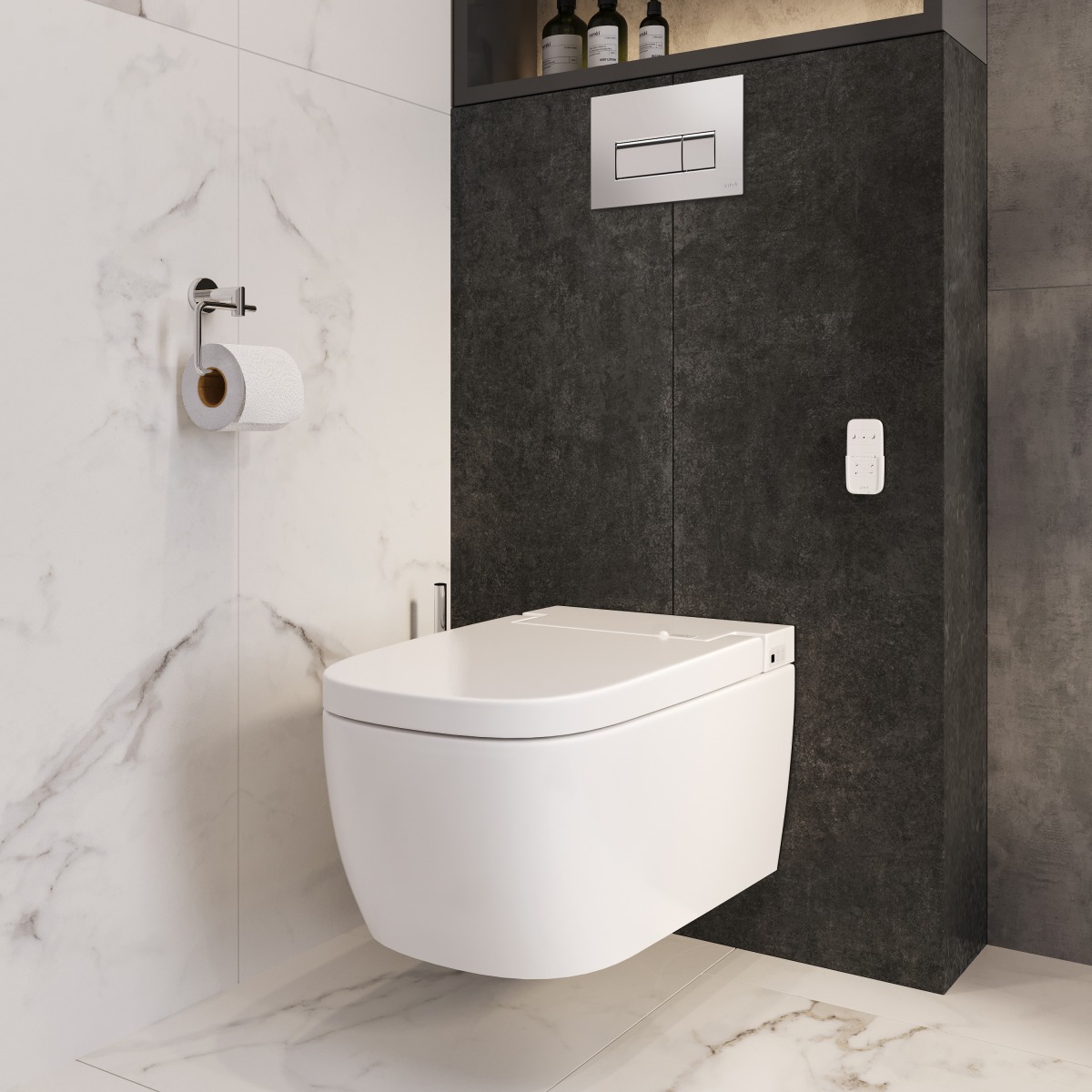 Умный унитаз VitrA V-Care (Ви-Кеар) 5674B003-6193 Basic подвесной безободковый Rim-ex (Рим-экс) c бидеткой белый санитарный фарфор антибактериальное покрытие Hygiene (Хайджн)