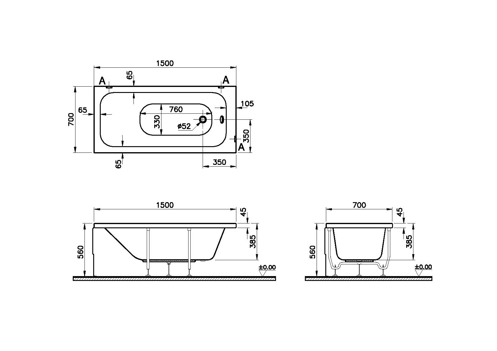 Комплект ванна Vitra Optimum Neo 150*70 см с сифоном, ножками и ABS панель