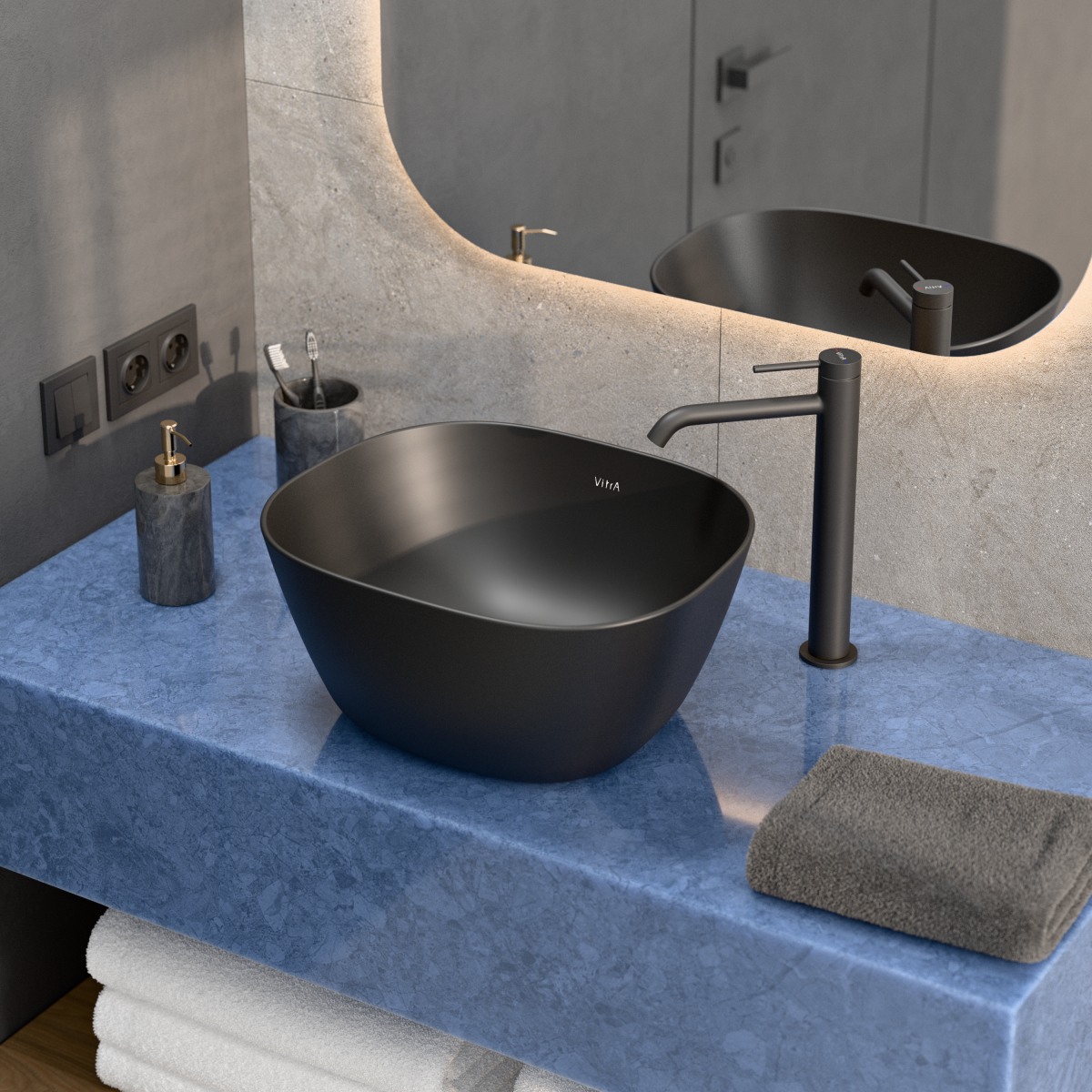 Раковина чаша VitrA Plural (Плюрал) 7811B483-0016 45 x 38 см накладная матовая черная антибактериальное покрытие Hygiene + Clean (Хайджн + Клин)
