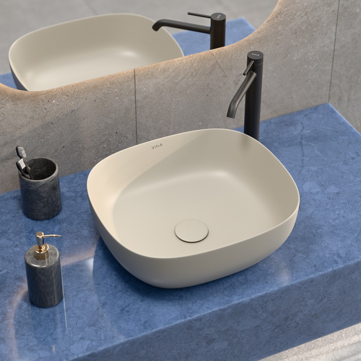 Раковина чаша VitrA Outline Recycled (Аутлайн Ресайклд) 7994B066-0016 48 x 42 см накладная матовая бежевая антибактериальное покрытие Hygiene (Хайджн)