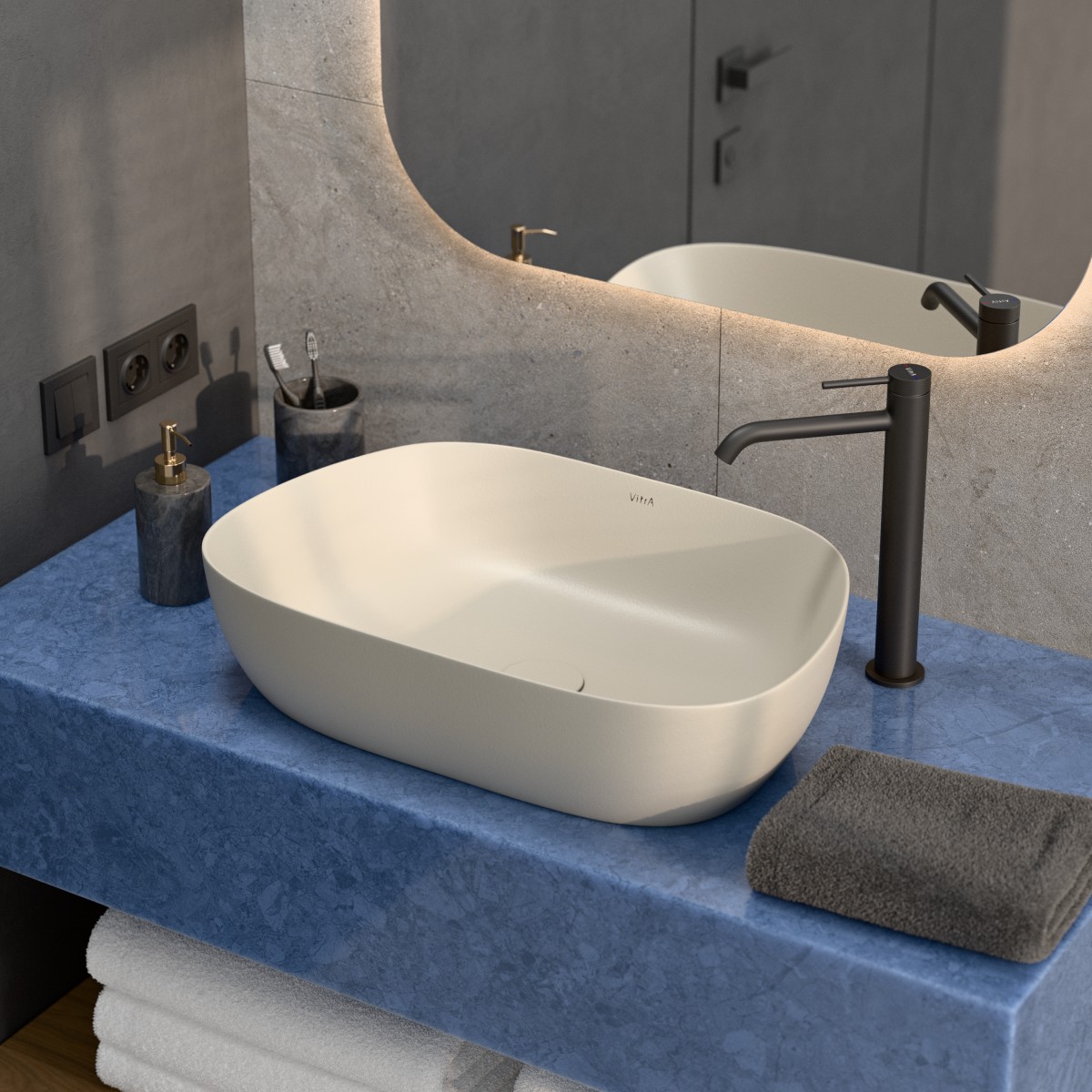 Раковина чаша VitrA Outline Recycled (Аутлайн Ресайклд) 7993B066-0016 63 x 42 см накладная матовая бежевая антибактериальное покрытие Hygiene (Хайджн)