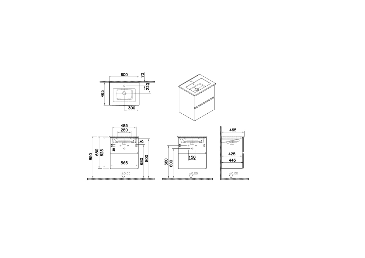 Тумба с раковиной для ванной VitrA Mia Plus Square (Мия Плюс Скуэр) 69730 60 см глянцевая белая ДСП